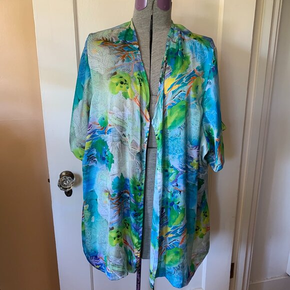 None Other - Vtg Robe Blue Multi Abstract Floral Open Front Watercolor Cover Up Swim Beach